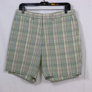 Montgomery Ward Plaid Shorts Mens 34 Green Tan Vintage Checkered Flat Front